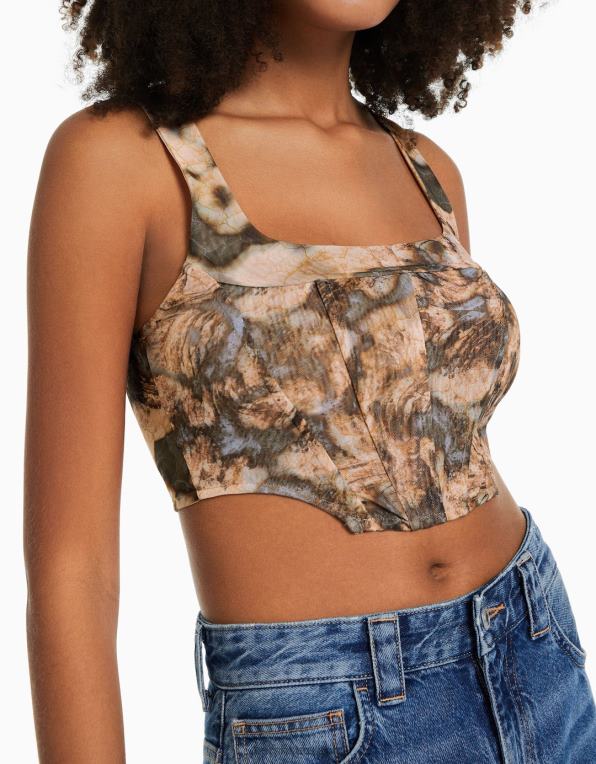 ženy Bershka tylový korzetový top bez rukávů P8844719 oblečení špinavě bílé