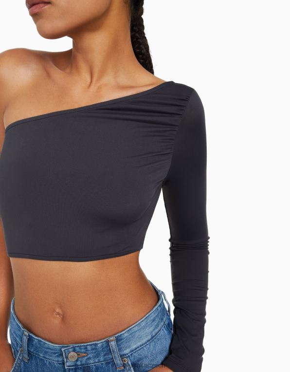 ženy Bershka Asymetrické tričko s dlouhým rukávem P8844384 oblečení tmavošedý