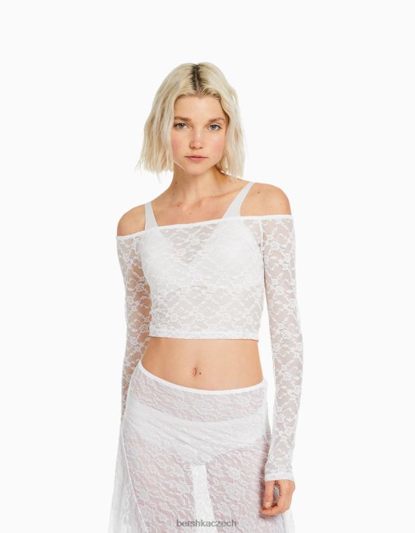 ženy Bershka Blond krajkový top s dlouhým rukávem P8844501 oblečení bílý