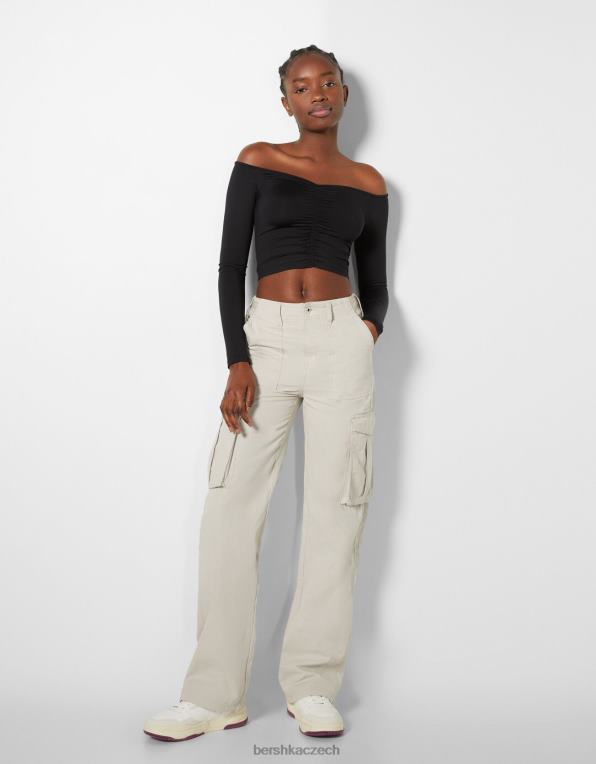 ženy Bershka Tričko s dlouhým rukávem přes rameno s nabíranými detaily P8844565 oblečení Černá