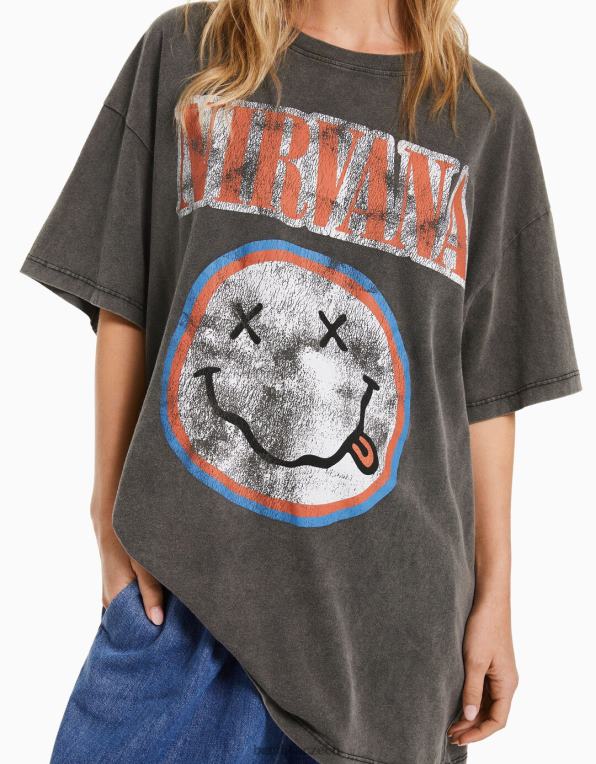 ženy Bershka Tričko s krátkým rukávem s potiskem nirvana P8844556 oblečení Šedá