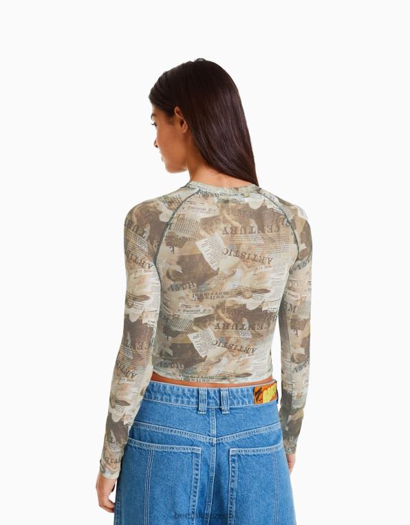 ženy Bershka Tylové tričko s dlouhým rukávem ve stylu raglánových rukávů P8844429 oblečení hnědý