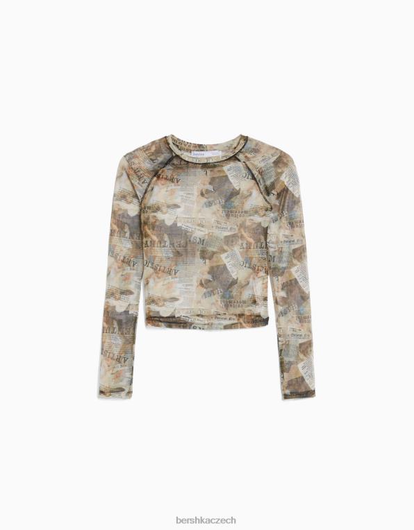 ženy Bershka Tylové tričko s dlouhým rukávem ve stylu raglánových rukávů P8844429 oblečení hnědý