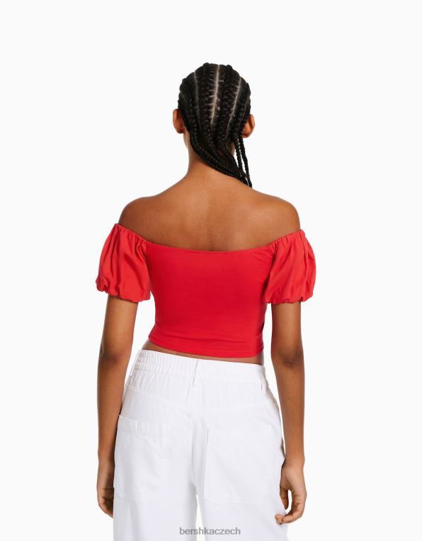 ženy Bershka bavlněný popelínový top s krátkým rukávem P8844381 oblečení Červené