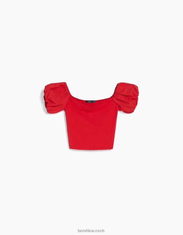 ženy Bershka bavlněný popelínový top s krátkým rukávem P8844381 oblečení Červené