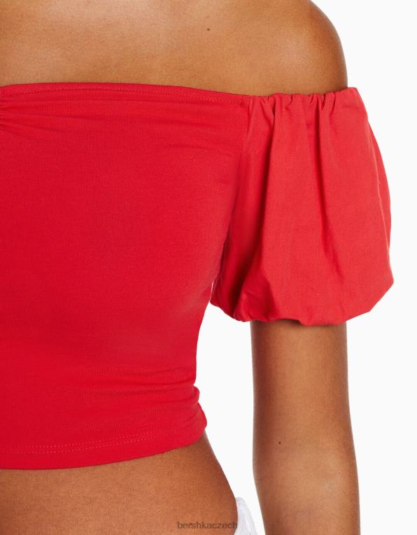 ženy Bershka bavlněný popelínový top s krátkým rukávem P8844381 oblečení Červené