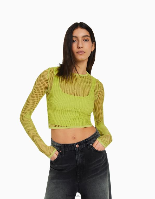 ženy Bershka bezešvé triko ze síťoviny s dlouhým rukávem P8844526 oblečení Limetka