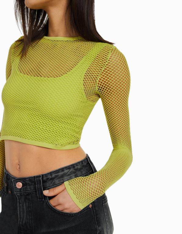 ženy Bershka bezešvé triko ze síťoviny s dlouhým rukávem P8844526 oblečení Limetka
