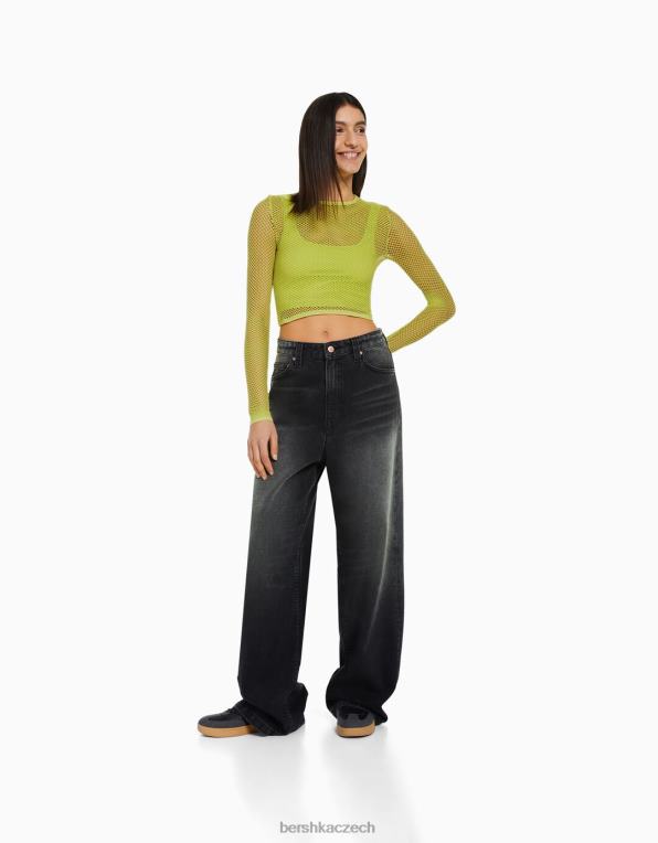 ženy Bershka bezešvé triko ze síťoviny s dlouhým rukávem P8844526 oblečení Limetka