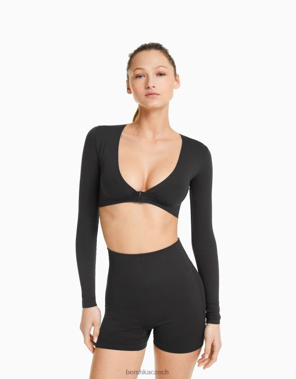 ženy Bershka bezešvé zkrácené tričko s dlouhým rukávem a výstřihem do V P8844370 oblečení tmavošedý