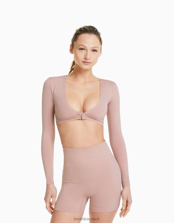 ženy Bershka bezešvé zkrácené tričko s dlouhým rukávem a výstřihem do V P8844371 oblečení růžový