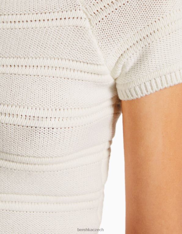 ženy Bershka žebrované bavlněné tričko s krátkým rukávem P8844425 oblečení krém