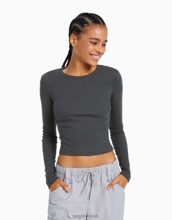 ženy Bershka žebrované tričko s dlouhým rukávem P8844434 oblečení tmavošedý