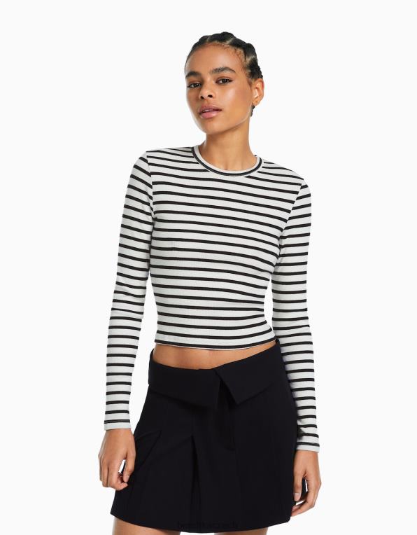 ženy Bershka žebrované tričko s dlouhým rukávem P8844435 oblečení bílý černý