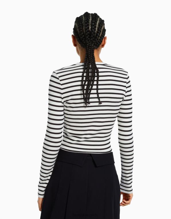 ženy Bershka žebrované tričko s dlouhým rukávem P8844435 oblečení bílý černý