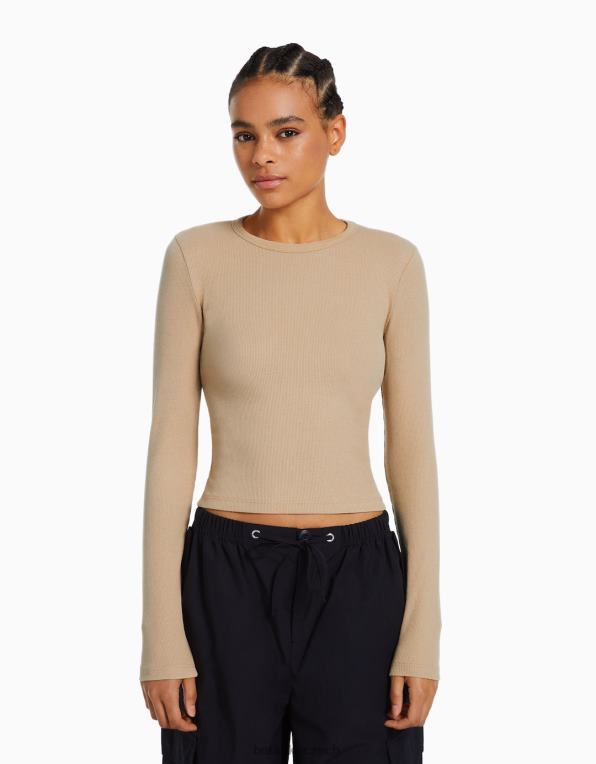 ženy Bershka žebrované tričko s dlouhým rukávem P8844576 oblečení velbloud