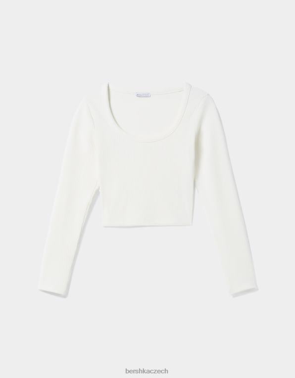 ženy Bershka žebrované tričko s dlouhým rukávem P8844590 oblečení bílý