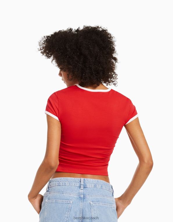 ženy Bershka žebrované tričko s krátkým rukávem s potiskem P8844461 oblečení Červené