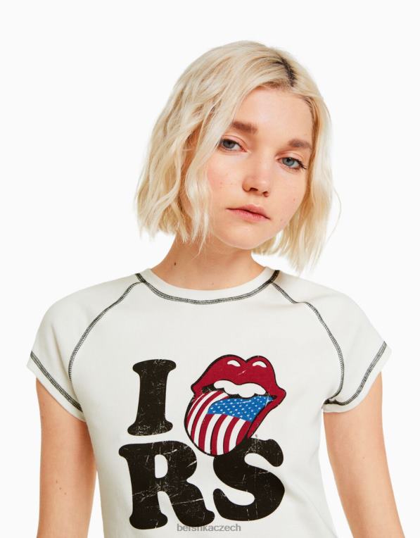 ženy Bershka žebrované tričko s krátkým rukávem s potiskem rolling stones P8844514 oblečení krém