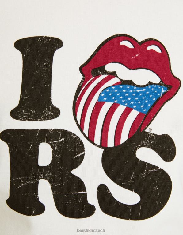 ženy Bershka žebrované tričko s krátkým rukávem s potiskem rolling stones P8844514 oblečení krém