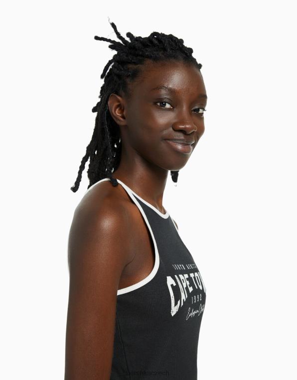 ženy Bershka žebrované tričko s potiskem a ramínky P8844887 oblečení tmavošedý