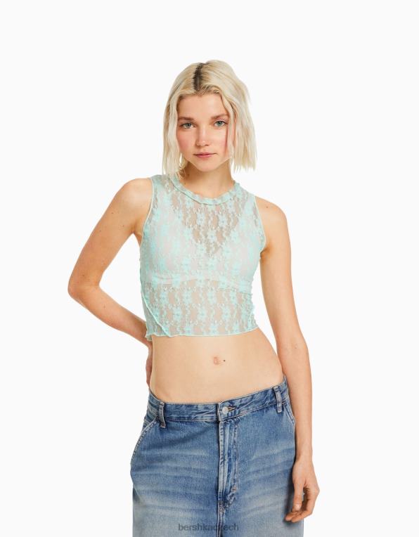 ženy Bershka krajková košile bez rukávů P8844399 oblečení zelená