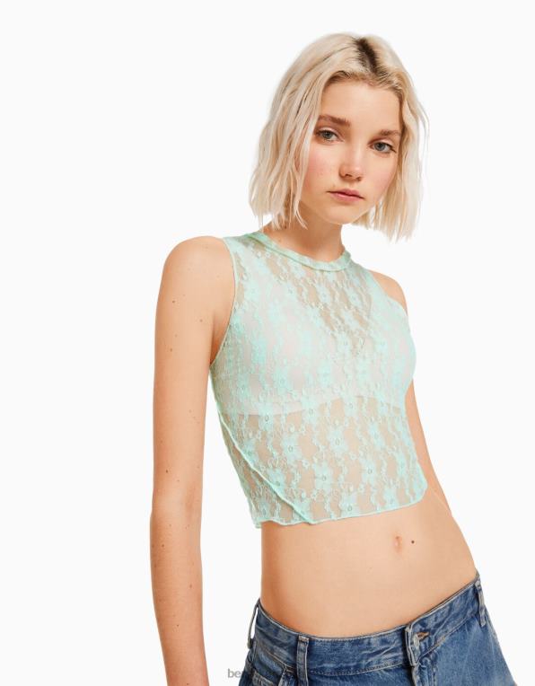 ženy Bershka krajková košile bez rukávů P8844399 oblečení zelená