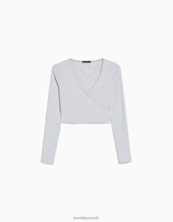 ženy Bershka překřížené tričko s dlouhým rukávem P8844570 oblečení Šedá