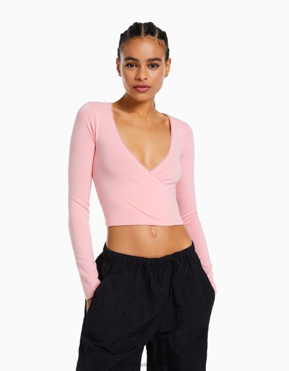 ženy Bershka překřížené tričko s dlouhým rukávem P8844572 oblečení růžový