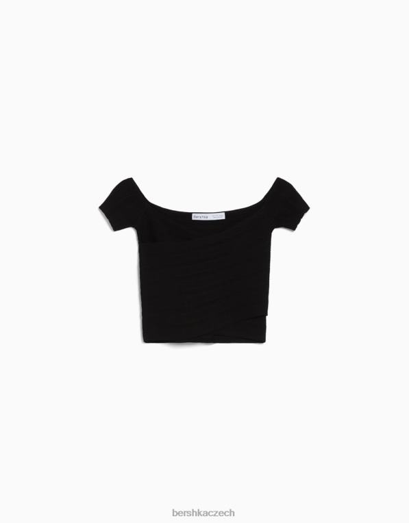 ženy Bershka úpletový top s krátkým rukávem s překříženým detailem P8844415 oblečení Černá