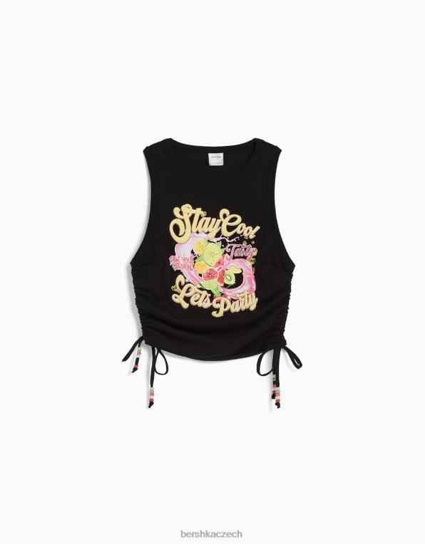 ženy Bershka potištěné tričko bez rukávů s nabíranými boky P8844631 oblečení Černá