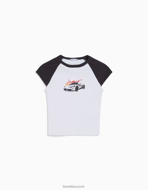 ženy Bershka potištěné tričko s krátkými raglánovými rukávy P8844388 oblečení bílý černý