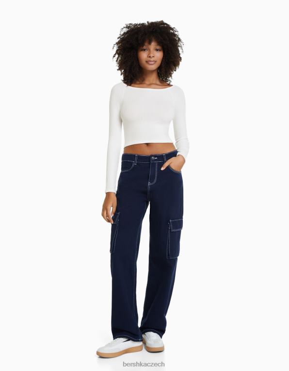 ženy Bershka pruhované tričko s dlouhým rukávem a lodičkovým výstřihem P8844518 oblečení krém