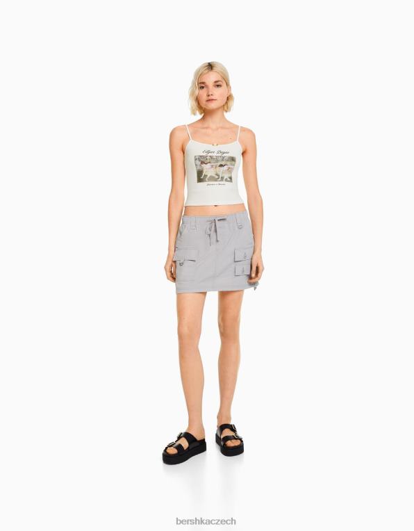 ženy Bershka top bez rukávů s potiskem art série P8844440 oblečení špinavě bílé