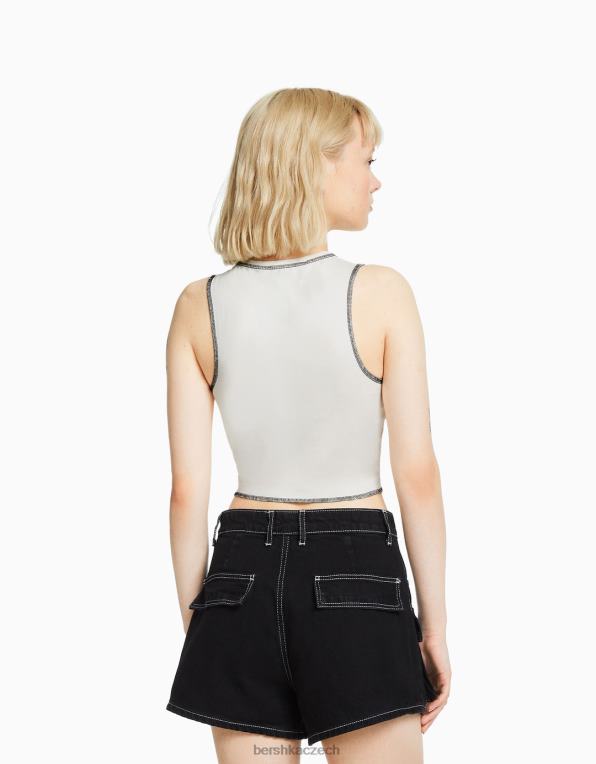 ženy Bershka tričko bez rukávů s kontrastním prošíváním a potiskem P8844583 oblečení krém