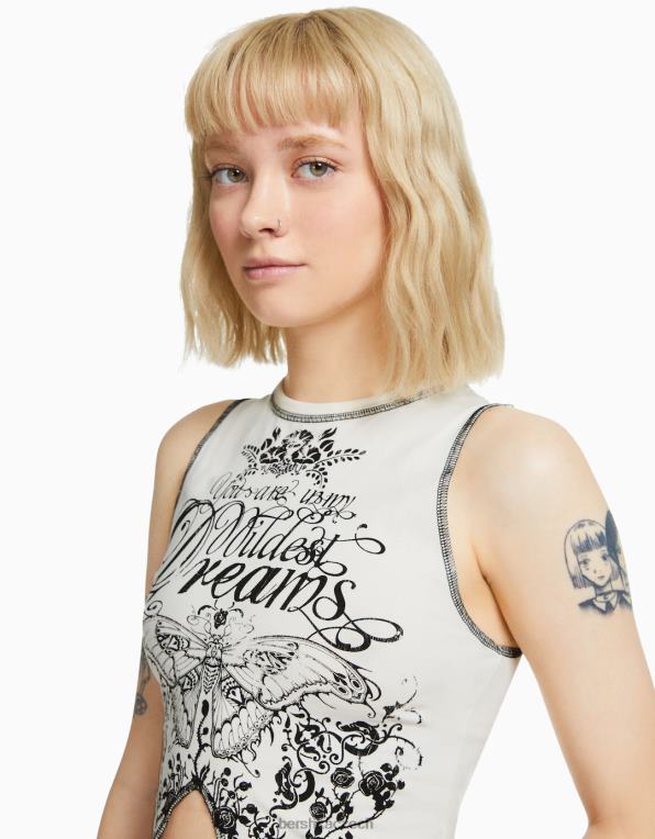 ženy Bershka tričko bez rukávů s kontrastním prošíváním a potiskem P8844583 oblečení krém