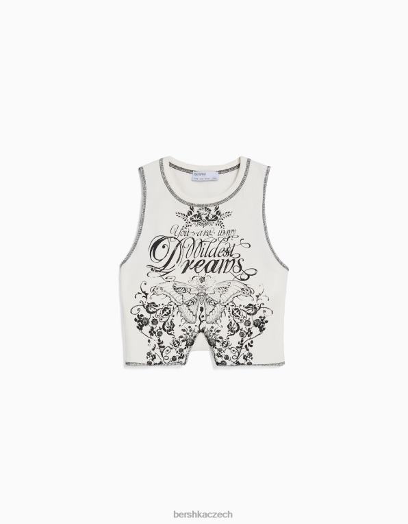 ženy Bershka tričko bez rukávů s kontrastním prošíváním a potiskem P8844583 oblečení krém