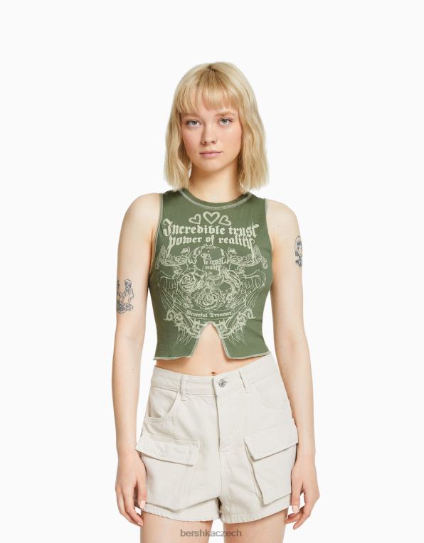 ženy Bershka tričko bez rukávů s kontrastním prošíváním a potiskem P8844584 oblečení khaki