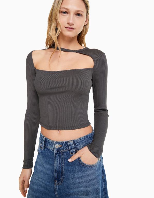 ženy Bershka tričko s dlouhým rukávem a asymetrickým výstřihem P8844473 oblečení tmavošedý