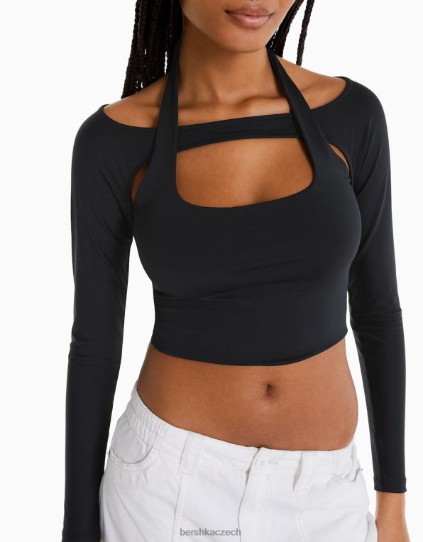 ženy Bershka tričko s dlouhým rukávem a detailem límečku P8844537 oblečení Černá