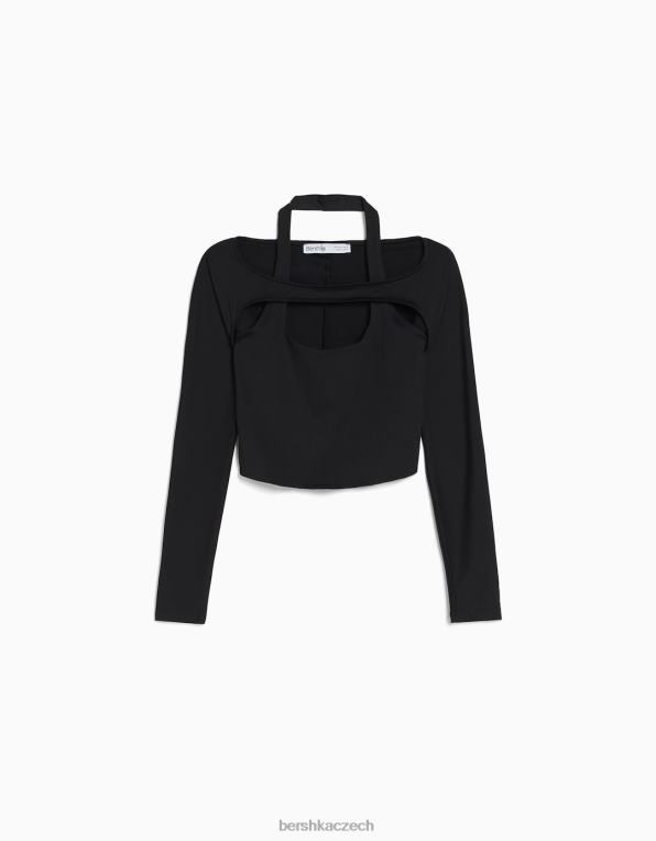 ženy Bershka tričko s dlouhým rukávem a detailem límečku P8844537 oblečení Černá