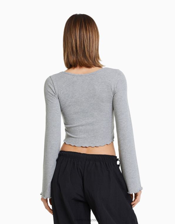 ženy Bershka tričko s dlouhým rukávem a kulatým výstřihem P8844577 oblečení Šedá