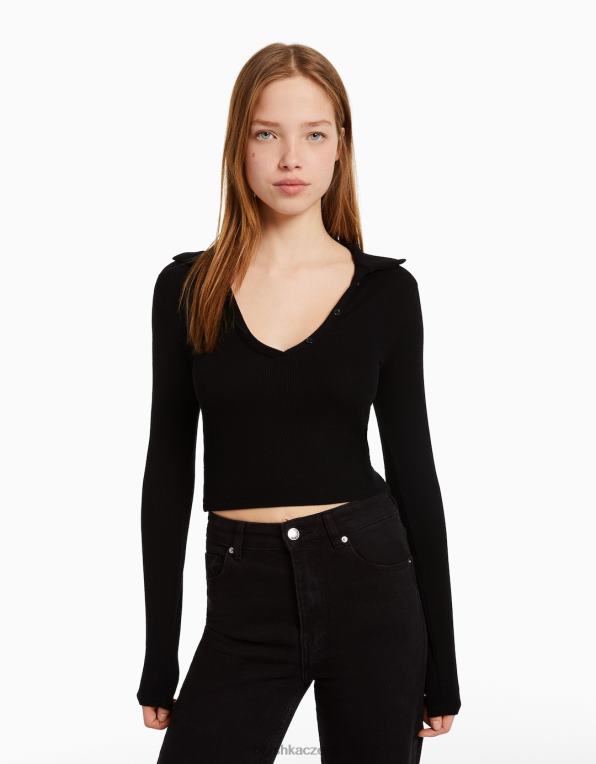 ženy Bershka tričko s dlouhým rukávem a límečkem na knoflíky P8844443 oblečení Černá