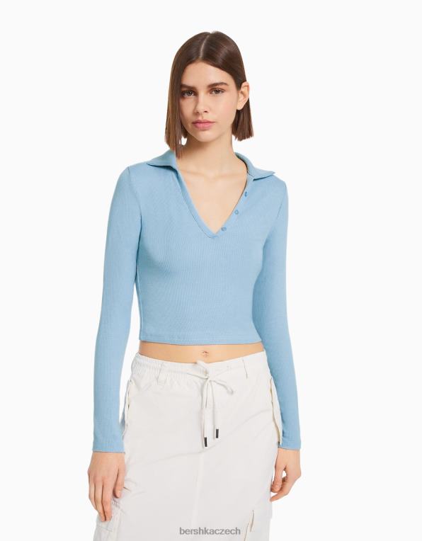 ženy Bershka tričko s dlouhým rukávem a límečkem na knoflíky P8844444 oblečení světle modrá