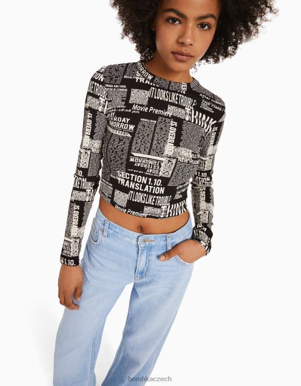 ženy Bershka tričko s dlouhým rukávem a potiskem P8844615 oblečení Šedá