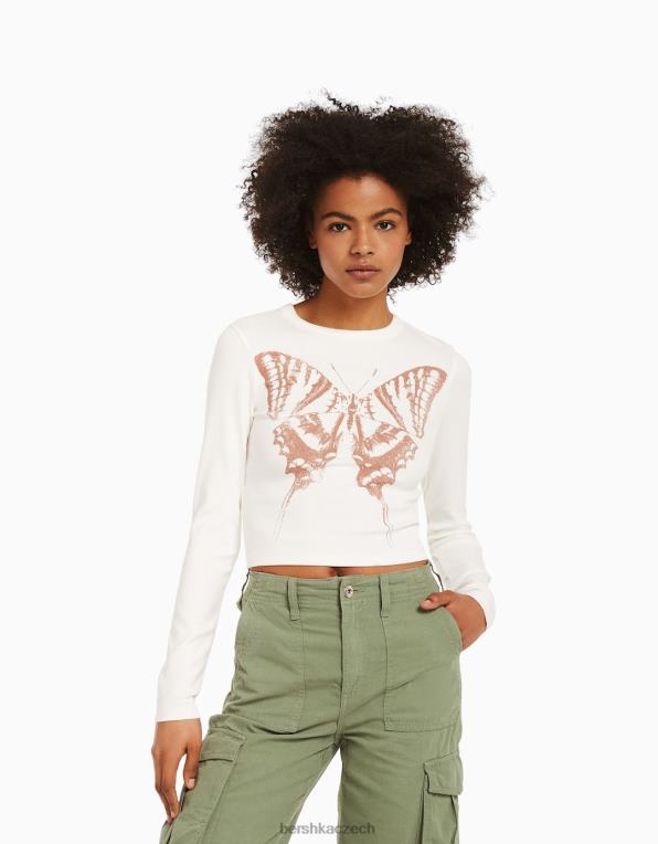 ženy Bershka tričko s dlouhým rukávem a potiskem P8844616 oblečení krém