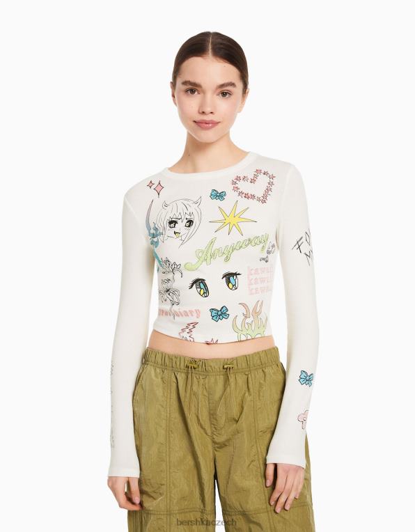 ženy Bershka tričko s dlouhým rukávem a potiskem P8844622 oblečení špinavě bílé
