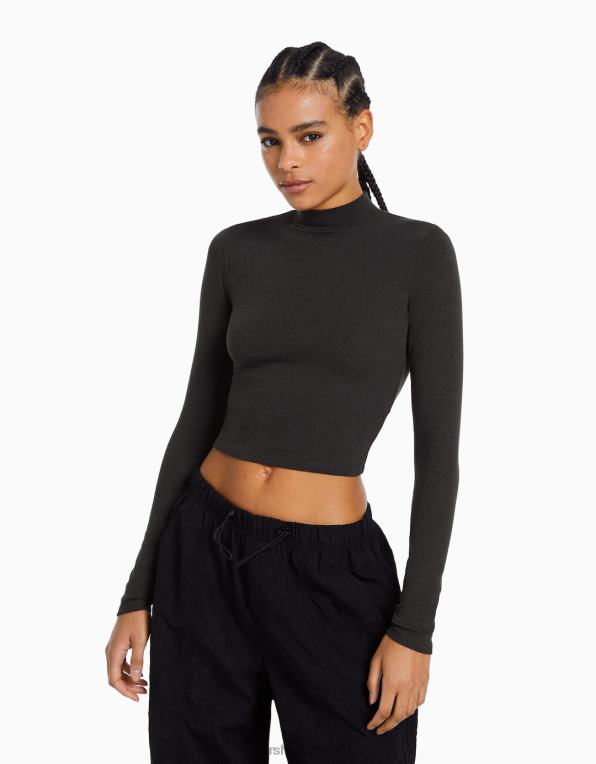 ženy Bershka tričko s dlouhým rukávem a vysokým výstřihem P8844406 oblečení tmavošedý