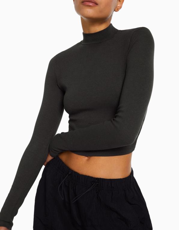 ženy Bershka tričko s dlouhým rukávem a vysokým výstřihem P8844406 oblečení tmavošedý