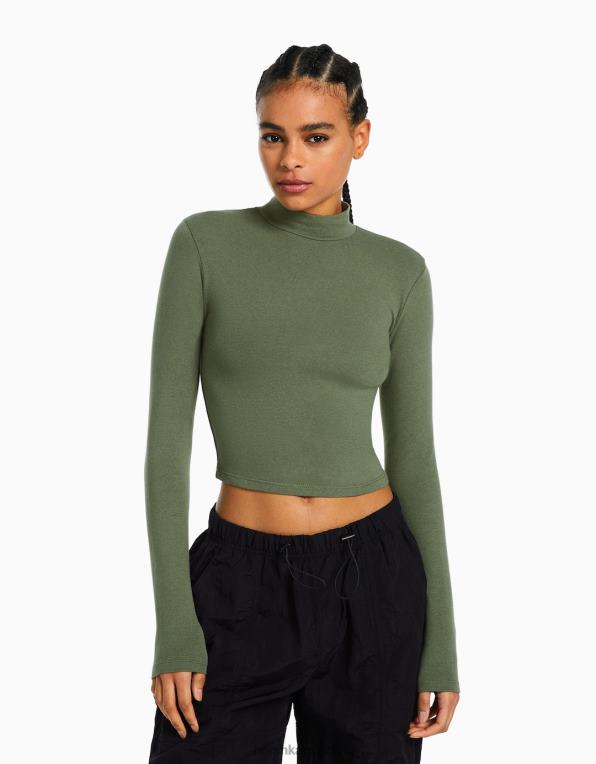 ženy Bershka tričko s dlouhým rukávem a vysokým výstřihem P8844410 oblečení khaki